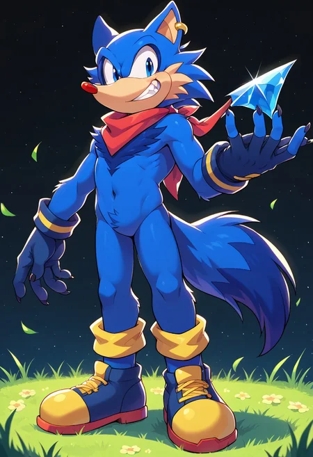 score_9, score_8_up, solo, 1boy, standing, male, MegaFluffyPony, furry, fluffy, bright colors, solo, Falke Wulf, blue skin, blue fur, peach muzzle, red nose, blue eyes, blue tail, blue gloves, dark blue shoes, field