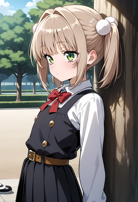 best quality, newest, absurdres, highres, detailed eyes, beautiful, detailed background, perfect eyes, anime coloring, anime screencap,masterpiece,best quality,amazing quality,very aesthetic,absurdres,newest,huge filesize,<lora:spo_sdxl_10ep_4k-data_lora_webui:0.5>,solo,1 girl<lora:Shigure Ui_ill:1>,school uniform,red bow,collared shirt,white shirt,long sleeves,belt,black dress,sleeveless dress,pleated dress,pinafore dress,flat chest,kneehighs,white socks,black footwear,uwabaki ,short hair,light brown hair,twintails,pom pom hair ornament,very small girl,,hair intakes,bangs,green eyes,UiShigure,park,detailed background,masterpiece,,leaning against tree,shiny skin,, (portrai shot, upper body)