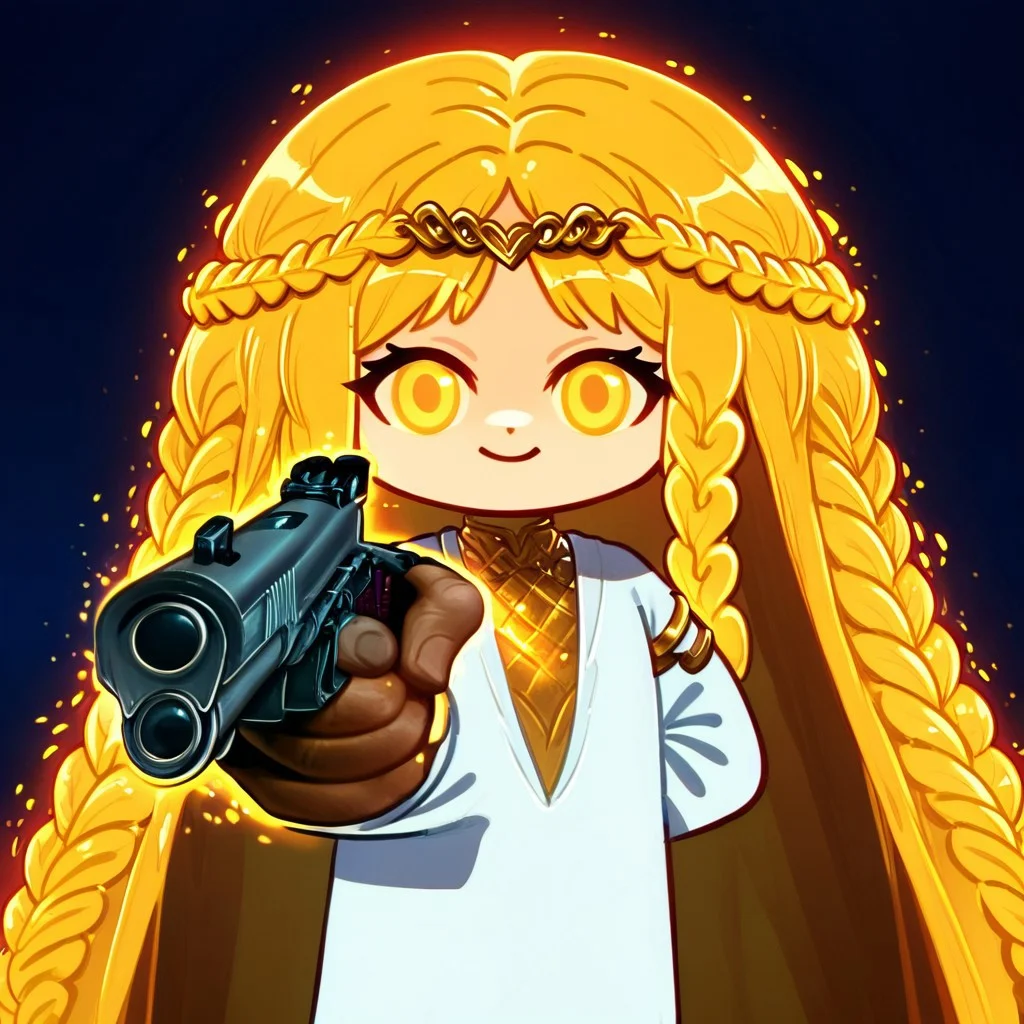score_9, score_8_up, score_8, ais-ghostly,((1 miquella,blonde hair,cute crown braid,multiple braids,yellow eyes,white robe,smile,closed mouth,gold armlet,circlet,kenbis, chibi)),
BREAK,
evil looking,gldnorderxl,glowing effects,holy grounds background,temple,holding weapon, handgun, holding gun, aiming at viewer, revolver, finger on trigger