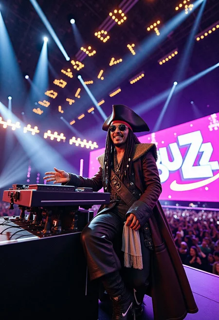 > A hyper-realistic image of Jack Sparrow on a grand concert stage, sitting confidently behind a high-tech computer system as if he's the DJ or visual artist. He's dressed in a richly detailed pirate costume with layered textures, leather accessories, and an iconic pirate hat, paired with modern Nike sneakers for a humorous twist. He wears sleek, reflective sunglasses and is laughing with charisma and charm. The stage is massive, filled with dazzling LED lights, laser beams, fog effects, and an excited crowd in the background.
To the side of the stage, there is a large illuminated billboard displaying the word “buzz” in bold, glowing letters, adding a modern pop culture element to the scene. The atmosphere is electric and cinematic, with dramatic lighting and shadows that highlight his unique presence. The composition is dynamic, with a mix of old-world pirate aesthetic and modern digital culture. Vibrant colors, crisp details, and a spectacular, immersive concept make the whole scene unforgettable.