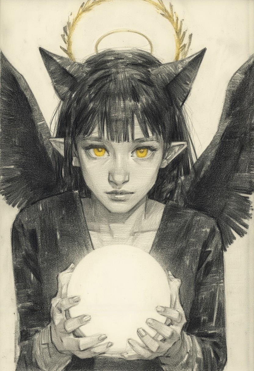 A pencil sketch style of a 
<lora:WSSKX_WAI:0.7> <lora:NOOB_vp1_detailer_by_volnovik_v1:0.35> <lora:noobai_ep11_stabilizer_v0.114_fp16:0.35> <lora:ponyv6_vpred6:0.3> 
laurel crown, 1girl, dark angel, black hair, straight hair, staring, glowing yellow eyes, slit pupils, thick eyelashes, long eyelashes, glowing halo, winged halo, elf ears, glowing clothes, glowing eyes,
black feathers, feathered wings, wind, floating clothes, floating hair,
glowing theme, 
masterpiece, best quality, amazing quality,
 (
taro \(tontaro\), munlu \(wolupus\) 
:1.2),
, (((white sphere on background)))