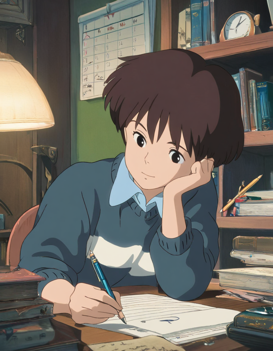 Studio Ghibli, hand-drawn animation style,
masterpiece, high score,
1girl, solo, short hair, brown hair, shirt, long sleeves, sitting, collared shirt, indoors, sweater, book, desk, paper, bookshelf, pen, lamp, pencil, writing, calendar \(object\), desk lamp
 <lora:Ghibli_xl_v2:1>