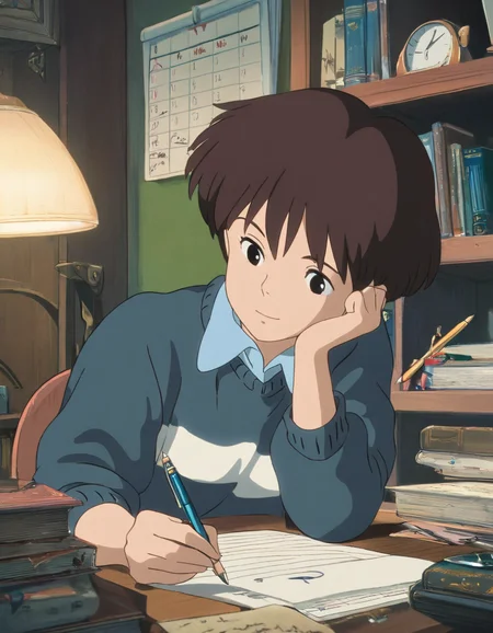 Studio Ghibli, hand-drawn animation style,
masterpiece, high score,
1girl, solo, short hair, brown hair, shirt, long sleeves, sitting, collared shirt, indoors, sweater, book, desk, paper, bookshelf, pen, lamp, pencil, writing, calendar \(object\), desk lamp
<lora:Ghibli_xl_v2:1>