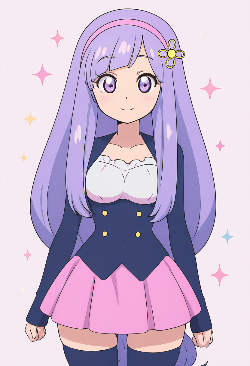 masterpiece, best quality, solo, curvy, beautiful eyes, narrow waist, wide hips, 1girl, solo, smile, looking at viewer,    zzVioletta, purple eyes, purple hair, hair ornament, blunt bangs, long hair, low-tied long hair, pink hairband,   jacket, sleeves past wrists, pink skirt, black thighhighs, zettai ryouiki,   ,<lora:ViolettaByKurumiErika_IXL:1.0>,  , solo, looking at viewer, smile, k4w4iim1r41, cute outfit, pastel, <lora:KawaiiMirai_IXL:1.0>,