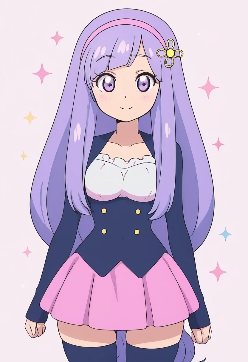 masterpiece, best quality, solo, curvy, beautiful eyes, narrow waist, wide hips, 1girl, solo, smile, looking at viewer, zzVioletta, purple eyes, purple hair, hair ornament, blunt bangs, long hair, low-tied long hair, pink hairband, jacket, sleeves past wrists, pink skirt, black thighhighs, zettai ryouiki, ,<lora:ViolettaByKurumiErika_IXL:1.0>, , solo, looking at viewer, smile, k4w4iim1r41, cute outfit, pastel, <lora:KawaiiMirai_IXL:1.0>,