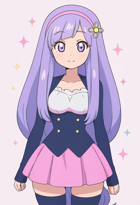 masterpiece, best quality, solo, curvy, beautiful eyes, narrow waist, wide hips, 1girl, solo, smile, looking at viewer, zzVioletta, purple eyes, purple hair, hair ornament, blunt bangs, long hair, low-tied long hair, pink hairband, jacket, sleeves past wrists, pink skirt, black thighhighs, zettai ryouiki, ,<lora:ViolettaByKurumiErika_IXL:1.0>, , solo, looking at viewer, smile, k4w4iim1r41, cute outfit, pastel, <lora:KawaiiMirai_IXL:1.0>,