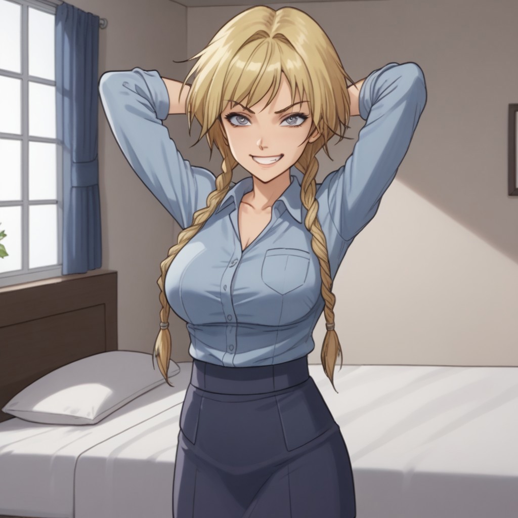 score_8, score_9, BREAK, elyon, blonde hair, twin braid, grey eyes, skirt, indoors, smirk, hands behind head