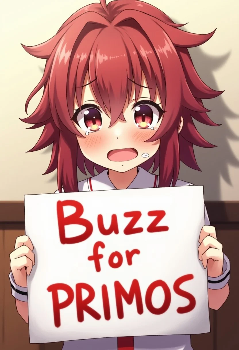 Nahida from Genshin Impact crying with big eyes and alot of tears. Anime style. Holding up a sign saying "Buzz for Primos"