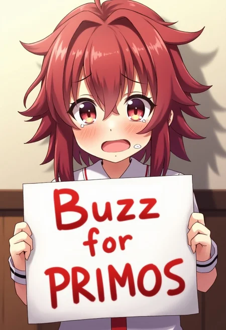 Nahida from Genshin Impact crying with big eyes and alot of tears. Anime style. Holding up a sign saying "Buzz for Primos"