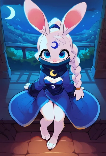 score_9, score_8_up, score_7_up, score_6_up, high detail, 4k, high resolution, SirocStyle, by rikose,
Detailed background, dynamic angle, night, bedroom, solo,
(Anthro rabbit, rabbit ears, furry, cute, female, white fur, blue eyes, white hair, long hair, 1 ponytail, braided ponytail), white crescent mark on forehead, glowing crescent mark, dark blue wizard robe, wizard attire, large collar, (hiding mouth under collar), small breasts, looking at viewer, bottomless, (showing leg)