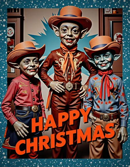 A slapstick holiday card featuring the western wear alien elves from Space Force and a message of "MERRY CHRISTMAS", sparkling blue-to-sepia ombre burst effect.