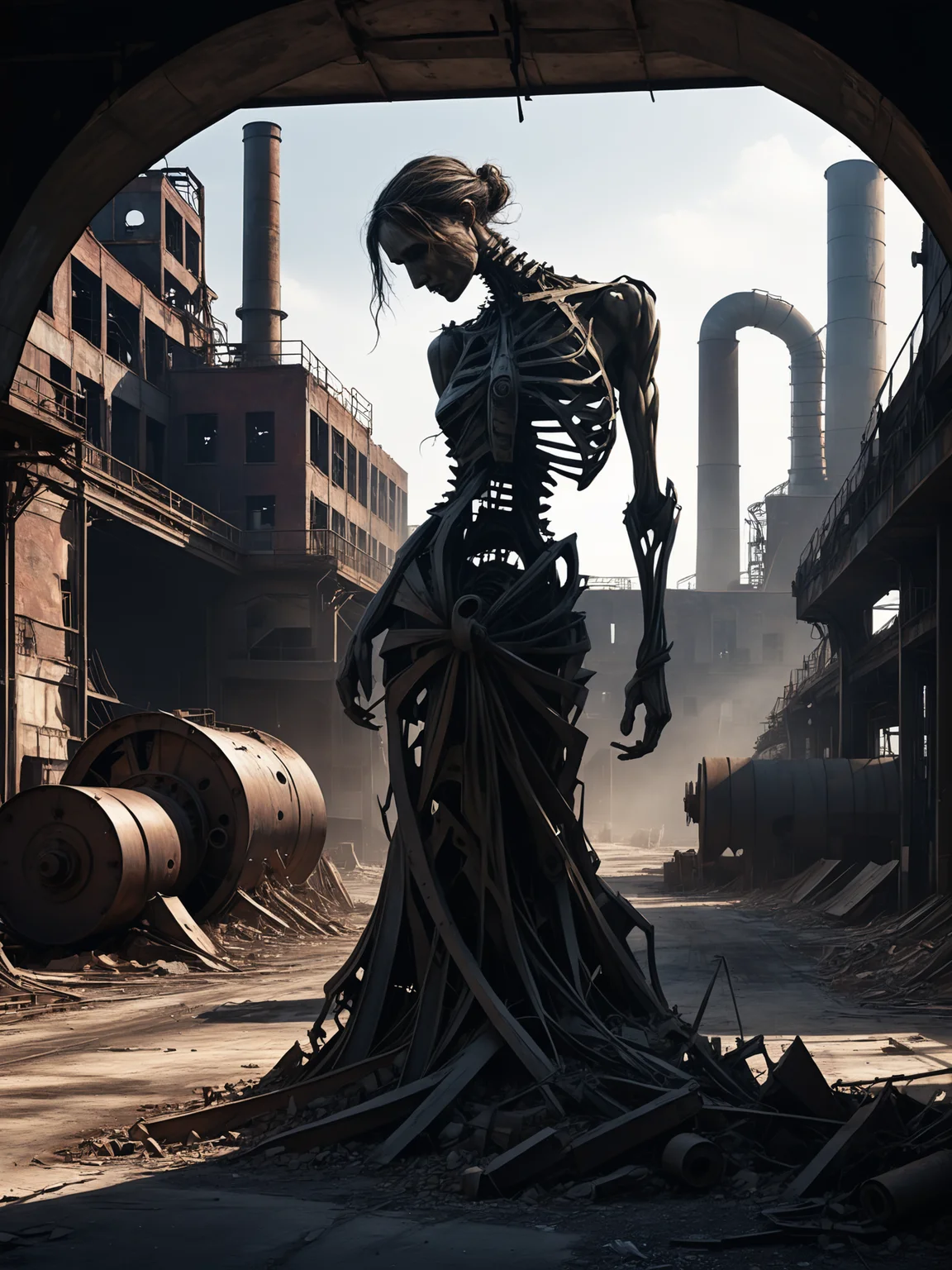 photorealistic, detailed digital illustration of a  Twisted, contorted figure in shadows , Crumbling, desolate factory with eerie machinery in the background <lora:xl_more_art-full_v1:0.4>,  <lora:NicolaSamori:0.8>