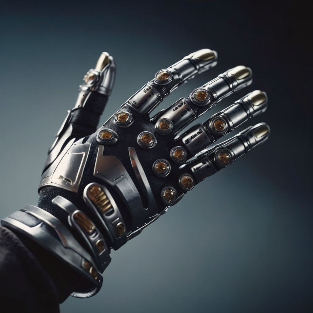 cinematic film still of <lora:perfect hands 2:1>
a futuristic five fingers hand with a metal glove on Perfect Hand, shallow depth of field, vignette, highly detailed, high budget, bokeh, cinemascope, moody, epic, gorgeous, film grain, grainy