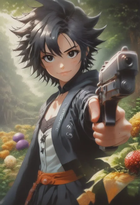 (zPDXL2), score_9, score_8_up, score_7_up, score_6_up, source_anime, <lora:Worldly_XL:1> volumetric lighting, warm colors, motion effects, best quality, wallpaper art, looking at viewer, woods, berries, flowers, insects
1girl, solo, 18 year old, (right pistol:1.5), Little Red Riding Hood on a path in the woods, (holding basket with berries in left arm:1.5), delicate and smooth skin, cleavage, shy smile, eyes open, low cut, 
<lora:KikuchiMakoto_pony_v1:0.9> kkcmkt, short hair, black hair, antenna hair, hair between eyes, black eyes, flat chest,  small breasts, <lora:plrd-pistol:1.20>
Expressiveh,  <lora:c0l0urc0r3XLP2:0.40> c0l0urc0r3, cute, bright colours, candy, <lora:RELSM_v1:0.90> <lora:[GP] somethingweirdv1 [Pony XL]:0.20>