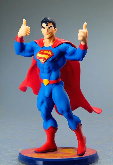 figure, 1man, muscular, uglylora,  Superman, muscular, thumbs up, ugly, camera full body shot angle, cute, epic world, vivid colors, detailed, studio room,
