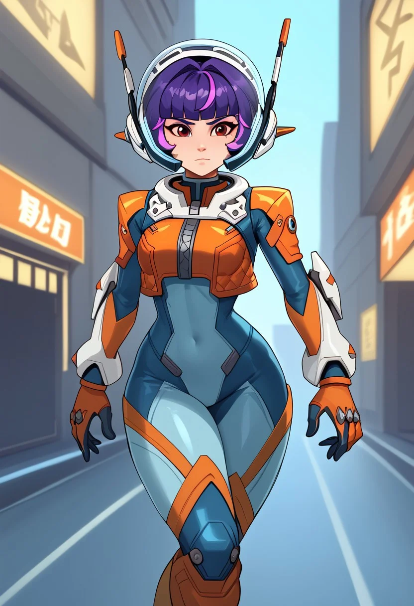Juno_Overwatch2, Juno_helmet, Juno_armor_top, Juno_gloves, Juno_weapon, Juno_pants, Juno_boots, Juno, violet hair, short hair, straight bangs, red eyes, futuristic helmet with a transparent visor, bright blue and white details, led lights on the side of the helmet, white headphones over the helmet, tight body suit, tricolor bodysuit, light blue bodysuit, blue with orange details, full bodysuit, blue and orange gloves, white forearm armor, tall white futuristic boots, with orange details, small sizes, marked waist