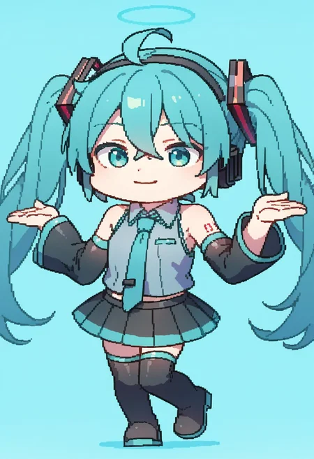 score_9, score_8_up, score_7_up, score_6_up, score_5_up, score_4_up, source_anime, miku hatsune, ahoge, aqua eyes, aqua hair, crossed bangs, hair between eyes, hair ornament, headphones, long hair, twintails, aqua necktie, black footwear, black skirt, black sleeves, boots, collared shirt, detached sleeves, grey shirt, necktie, pleated skirt, shirt, skirt, sleeveless, sleeveless shirt, thigh boots, tie clip, dancing, chibi,