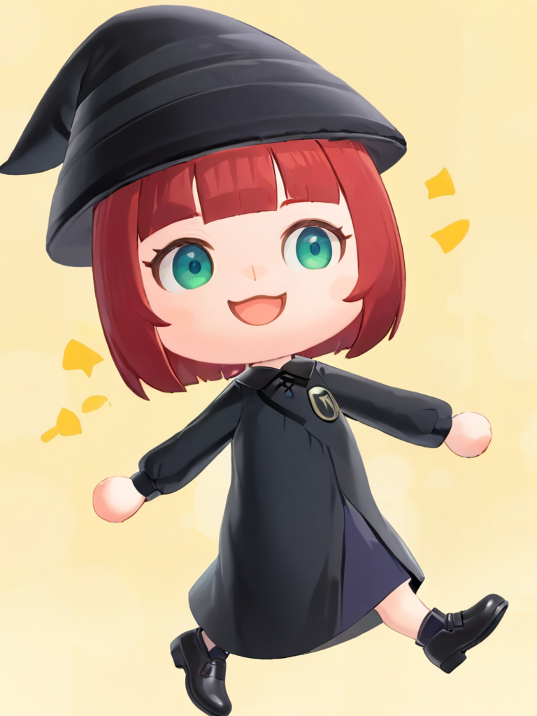 <lora:dongsen_xl:1>,chibi,1girl,hat,solo,red hair,smile,open mouth,witch hat,yellow background,short hair,green eyes,robe,black robe,:d,black headwear,bangs,blunt bangs,full body,black footwear,dress,parody,cosplay,long sleeves,blue dress,blue eyes,aqua eyes,