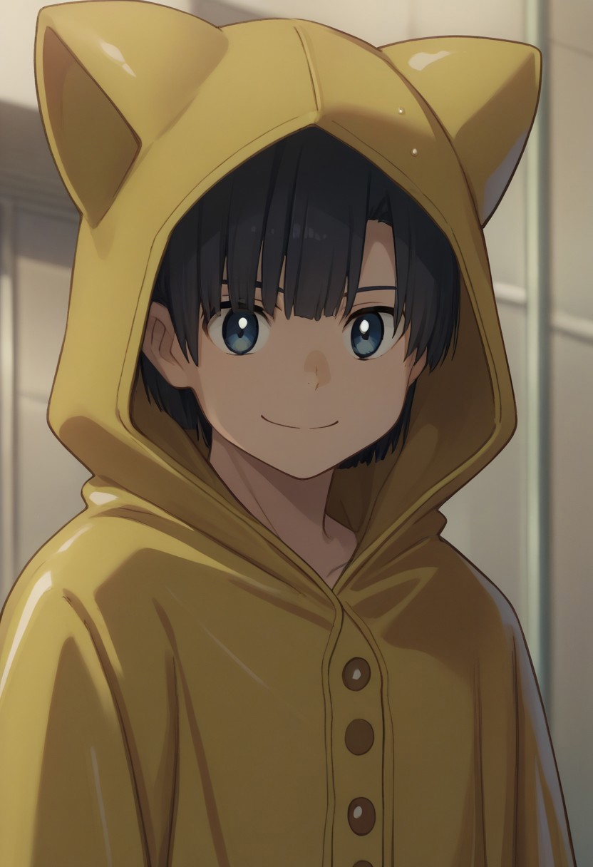 score_9, score_8_up, score_7_up, source_anime, highly detailed, 
nagiamano, 1boy, male focus, raincoat, yellow raincoat, solo, hood, animal hood, short hair, bangs, black hair, hood up, bangs, blue eyes, upper body, smile
outdoor,