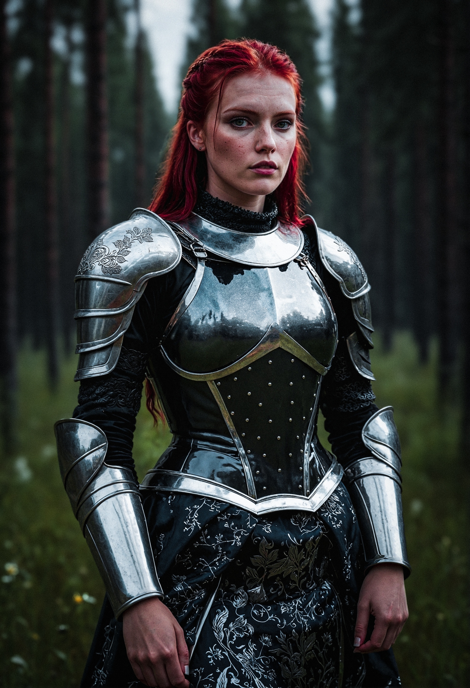 (Ultra-definition photorealistic photograph:1.2) of
A tall Scandinavian knight woman with red hair stands in a dark forest meadow. She wears a reflective armored dress with elegant plated details. Dark flowers surround her as the night sky bleeds red on the horizon, clouds drifting above. The close-up view reveals fine textures and a strong depth of field.
(ultra-detailed textures:1.3), detailed skin pores,
High-fidelity photograph, ultra high-accuracy texture details, sharp details,  dark color grading, 
<lora:araminta-amazing_people:1> amazing people, photography, <lora:add_ADXL:1> <lora:hand 5.5:1> <lora:SPO-SDXL_4k-p_10ep_LoCon:1>