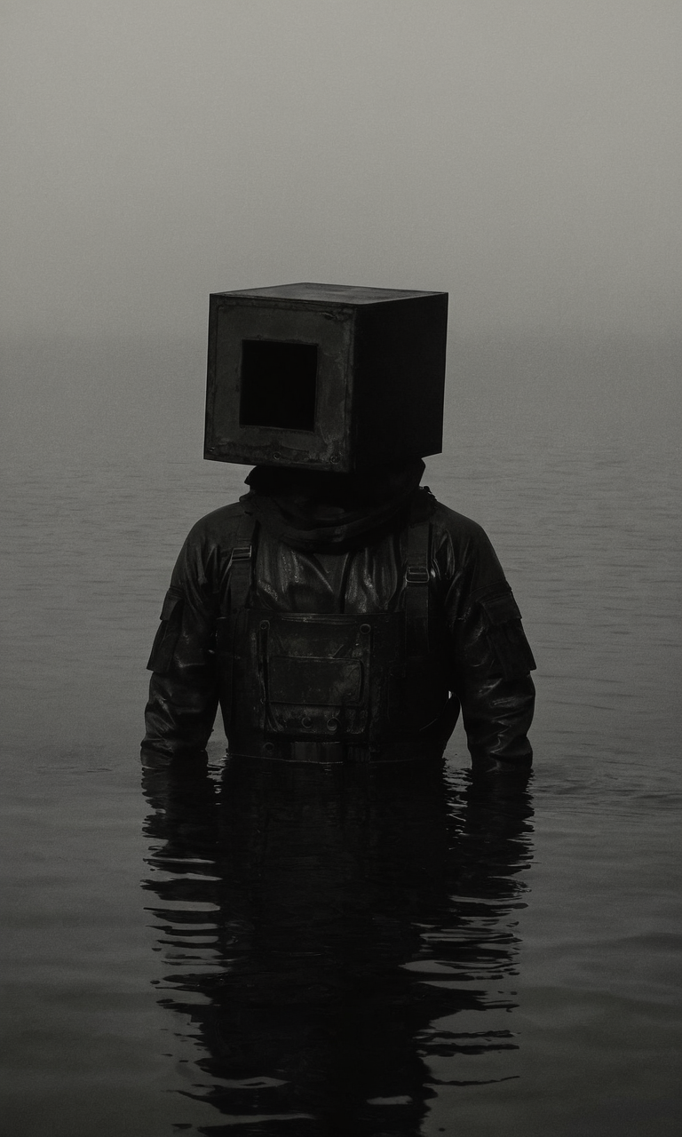 man, water, mist, dark, box head, huleebstyle, helmet, dark, monochrome, (simple:1.2), <lora:HuleebStyle_v1:0.85>