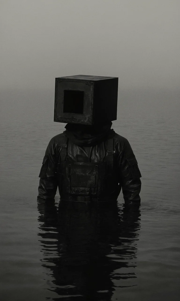 man, water, mist, dark, box head, huleebstyle, helmet, dark, monochrome, (simple:1.2), <lora:HuleebStyle_v1:0.85>