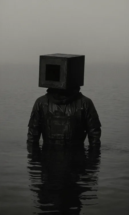 man, water, mist, dark, box head, huleebstyle, helmet, dark, monochrome, (simple:1.2), <lora:HuleebStyle_v1:0.85>