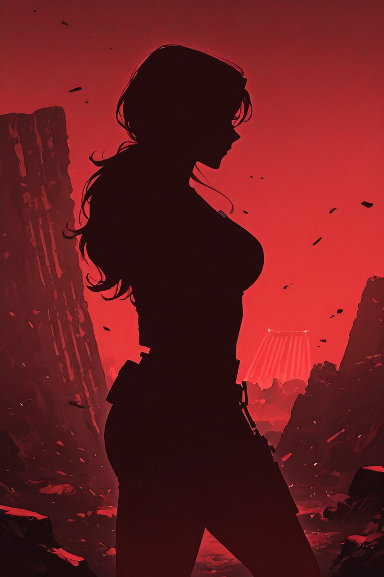 score_9,  masterpiece, best quality, amazing quality, very aesthetic, absurdres, newest, ultra-detailed, sharp focus, depth of field, dynamic composition, side view, cinematic shot, Lara Croft_\(tomb_raider\), 1girl, solo, cowboy shot, shooting a gun,  shooting bullet, action shot, dramatic pose, silhouette, ancient archeological ruins, red theme, red light scatter, suspenseful tension, poster aesthetics, dramatic shadows, c0mix, artist:moriimee