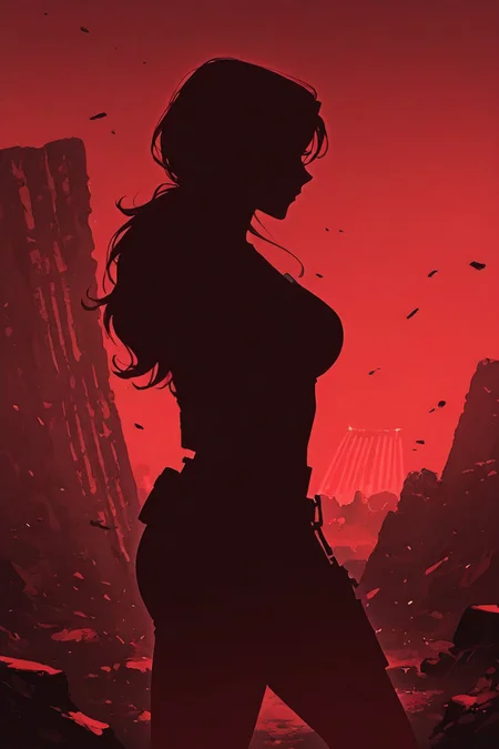 score_9,  masterpiece, best quality, amazing quality, very aesthetic, absurdres, newest, ultra-detailed, sharp focus, depth of field, dynamic composition, side view, cinematic shot, Lara Croft_\(tomb_raider\), 1girl, solo, cowboy shot, shooting a gun,  shooting bullet, action shot, dramatic pose, silhouette, ancient archeological ruins, red theme, red light scatter, suspenseful tension, poster aesthetics, dramatic shadows, c0mix, artist:moriimee