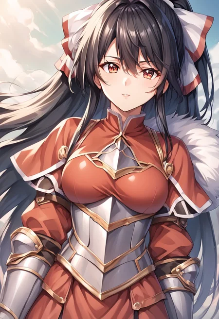 score_9, score_8_up, score_7_up, score_6_up, score_5_up, score_4_up, detailed, intricate details, source_anime, , (best quality) , (highly detailed) ,((masterpiece)), ((best quality)), (ultra-detailed), ((extremely detailed)), (high resolution), 4K, (8K), best quality, (beautiful), (dynamic lighting), (super detailed skin), sharp focus, (1_girl, solo focus), score_9,score_8_up,score_7_up,anime coloring BREAK source_anime,anime, theresia (hortensia saga), Windy, Flowing hair, Wind, Hair billowing in the Wind long hair, Very long hair, long hair, hair between eyes, black hair, red eyes, sidelocks, , ponytail, hair ribbon, white ribbon, cuirras, armored boots, fur-trimmed cape, Fur-trimmed armor, puffy sleeves, pantyhose, red capelet, fur collar, gauntlets, greaves, armored dress, turtleneck, , red skirt Face Focus, Upper Body detailed eyes、detailed face and detailed skin <lora:add-detail-xl:1.0>
Artist Style: Urushihara Satoshi