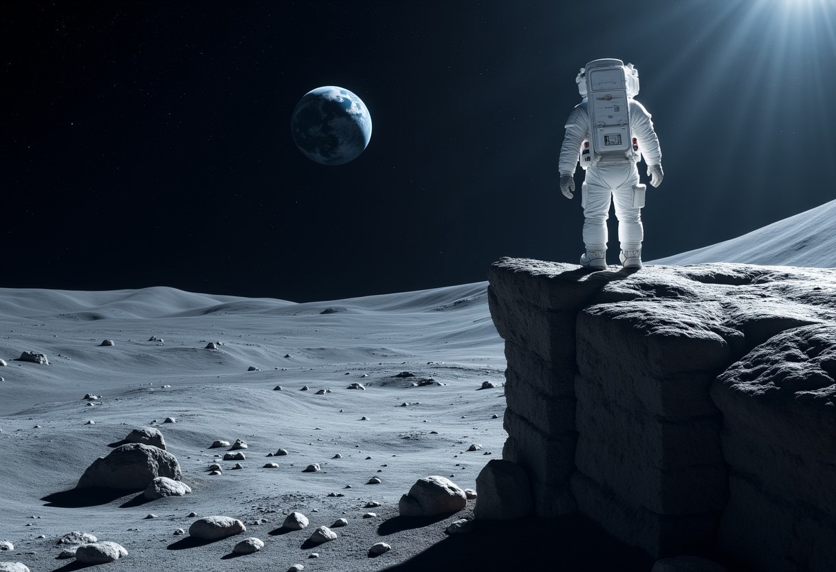 IMG_1017.CR2, astronaut ON THE EDGE OF A CLIFF ON THE MOON SURFACE,, WHITE MOON BOOTS,   low gravity environment,  Earth visible in the distant starry sky, dramatic lighting casting shadows, a sense of adventure and exploration, cool tones contrasted with the bright white suit, ultra-detailed, 4K resolution, expansive view of the cosmos, serene yet awe-inspiring atmosphere, focusing on the vastness of space and humanity's curiosity.