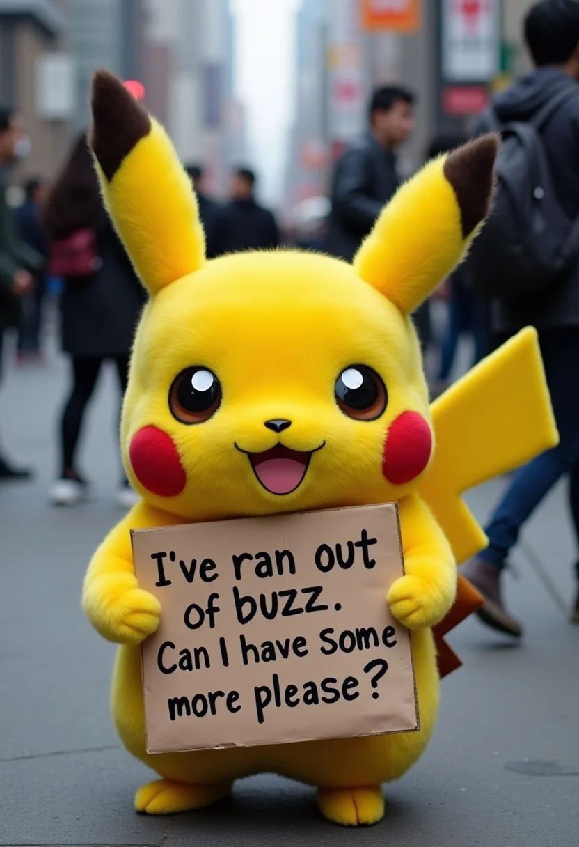 homeless pikachu holding a cardboard that reads "I've ran out of buzz. Can I have some more please?" at Seoul, South Korea.