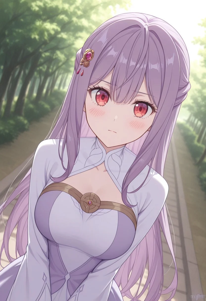 masterpiece, best quality, absurdres, highres,
eye reflection,
mia adenauer, purple hair, long hair, hair between eyes, bangs, hair ornameny, hair flower, red eyes, medium brests,
1girl, solo, blush,
looking at viewer, dutch angle,
dress, two-tone dress, purple dress, white dress, sidelocks, long sleeves, white shoes,
scenery, outdoors,