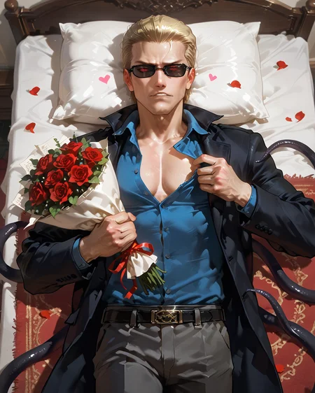 PonyScores7, source_anime, ah1
BREAK <lora:albertwesker-guy-PONYv1:0.8> albertwesker, albert wesker, 1boy, blonde, (sunglasses:1.3), looking at viewer, toned, athletic, fit, slicked back hair, mature male, short hair, (lying bed, <lora:RippingclothesV2:0.8> rippingownclothes, hands holding clothes, torn clothes, hands on clothes, ripped clothes, ripping clothes), (<lora:Indian_First_Night_Bed:0.8> bed, pillow, flower, heart, petals, rose, red flower, carpet, bouquet, red rose, rose petals, ornaments,), ((Person in bed expression)), (focused, intense glare), (reddish orange eyes, slit pupils), (angular face, sharp_featured face), handsome, charming, alluring,  <lora:MC_superhuman:0.2> ((black tentacles, black tendrils))
BREAK <lora:xl_more_art-full_v1:0.2>, <lora:shinyskin2:0.2> glistening skin, <lora:aesthetic_anime_v1s:0.2>, <lora:Expressive_H:0.2> Expressiveh, <lora:hairdetailpxl:0.2> hairdetailpxl, <lora:EpicF4nta5yXL:0.2>, <lora:detailxl:0.2> detailxl, <lora:Fant5yP0ny:0.2>, best quality, amazing quality, best aesthetic, absurdres, <lora:expressive eyes:0.2> expressive eyes, <lora:eyedetailpxl:0.2> eyedetailpxl, illustration, Volumetric_Lighting, ultra-detailed, very aesthetic, intricate details, 8k, masterpiece, best_quality
BREAK (Eye-level angle view Distance shot)
BREAK <lora:Eyes_High_Definition:0.3> EyesHD, Stable_Yogis_PDXL_Positives, AS-Adult, <lora:Complicated fantasy portrait - XL Pony V2.0:0.4>, bad-hands-5, AS-MidAged,