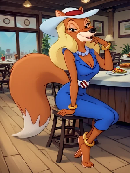 score_9, score_8_up, score_7_up, toon \(style\),ultra high quality,ultra high resolution,ultra ,full body, seductive, very realistic,(extremely detailed), detailed background,,(masterpiece, best quality, high quality, highres, ultra-detailed), ,long legs,fany restaurant,seductive open smile,open mouth,chairs,tables, <lora:Muffy_Vanderschmere_Talespin:0.9> an image of muffy, white headwear, toon (style), flat color, long hair, blonde hair, muffy, fox girl, cleavage, furry, pearl necklace, white belt, fox ears, fox tail, business suit, blue business suit, anklet, long eyelashes, brown fur,long legs,restaurant background,