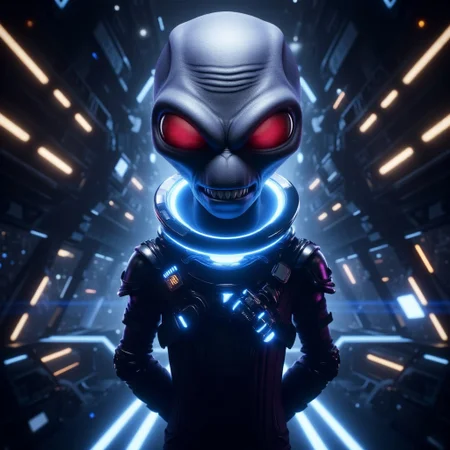 Crypto, grey alien, grey skin, red eyes, sharp teeth, spaceship background, neon blue glowing space suit, mad-neon-noir, full-length portrait, hands behind back, evil grin, looking down at viewer,