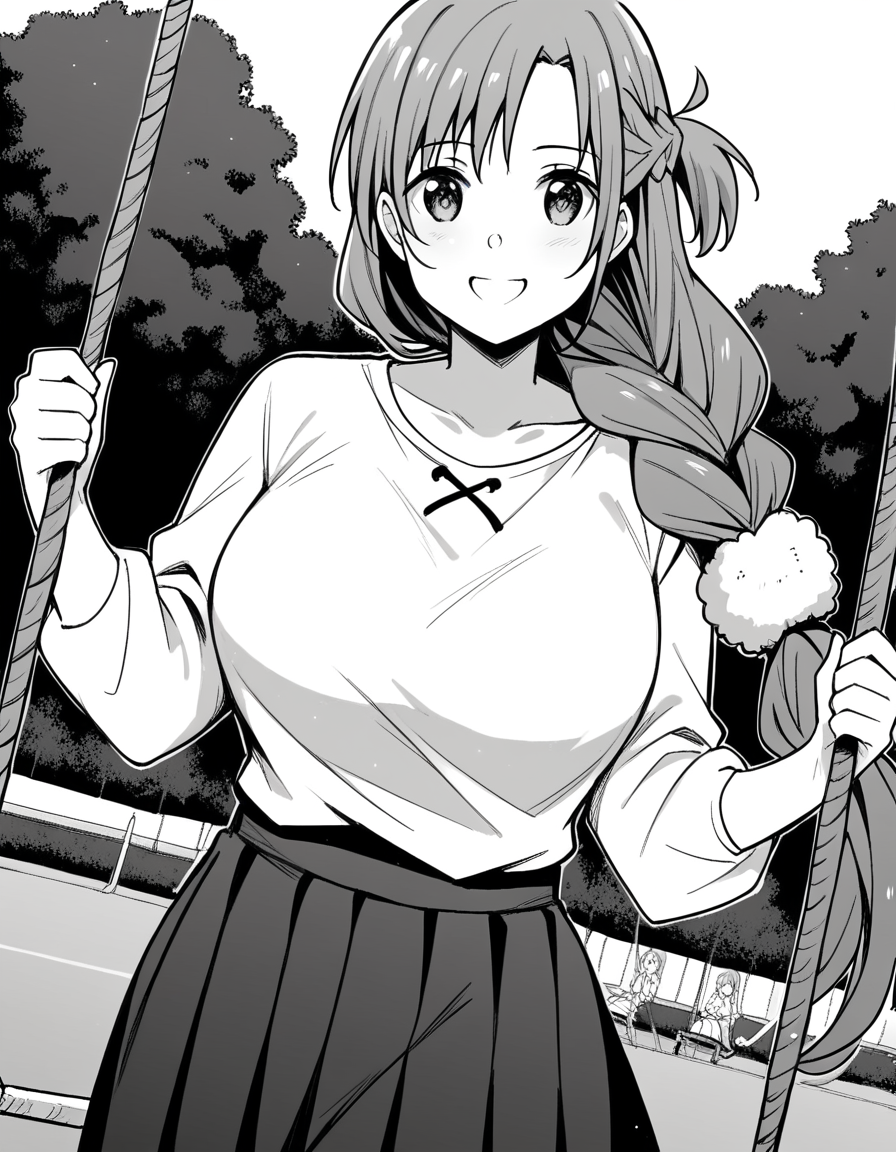score_9, score_8_up, score_7_up, source_anime, <lora:oninarasu-asuna-yuuki-manga-ponyxl-lora-nochekaiser:1>, asuna yuuki, long hair, bangs, monochrome, braid, greyscale, single braid, large breasts,, skirt, shirt, long sleeves, jewelry, pleated skirt,, public park, playground, swing set, laughter, sunny day, , looking at viewer, smile, solo,, cowboy shot, dutch angle