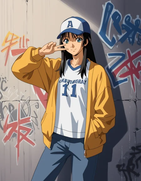 score_9,  score_8_up, score_7_up, <lora:ai-shimai-ponyxl:0.8> 1girl, solo,
kitazawa, baseball cap, streetwear, oversized clothes,
wall, alley, graffiti, v, smile