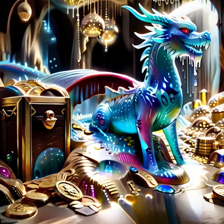 1dragon, highly detailed blue dragon, blue dragon made out of slime, scaly blue slime dragon, slime dragon with red eyes, blue slime dragon laying in its hoard, blue slime dragon with wings, dragon wings,
multi-colored gems made out of slime, in a room of treasure made out of slime, gold coins and bars made out of slime, wood-like treasure chest made out of slime, wood-colored slime chest, individual coins made out of slime, gold slime coins, piles of coins,
treasure-room, treasure, treasure chest, gemstone, coins, gold bars, gold pile,
everything made of slime, No simple background,
((translucent slime)), ((transparent slime)), (bioluminescent slime), sl1m3, slime, ais-blmn, watce, je11y, thickwater, great lighting, ral-lava, even lighting, no bright spots,