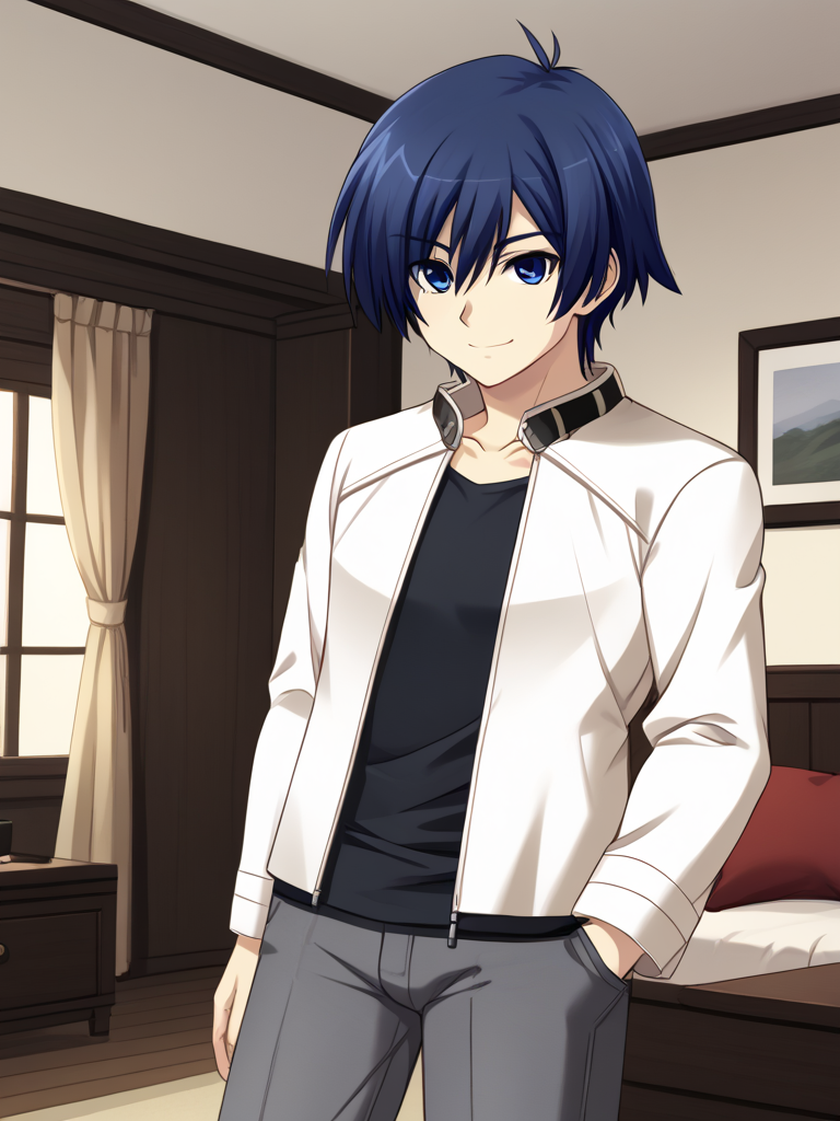 1boy, solo, kakerueleveneyes, blue hair, short hair, ahoge, blue eyes, white jacket, black shirt, grey pants, indoors, living room, standing, hand in pocket, cowboy shot, smile