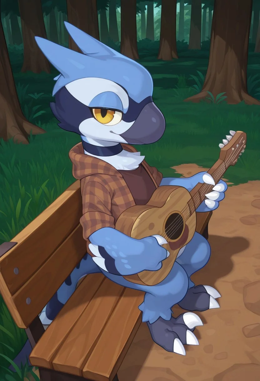 1boy, highres, absurdres, newest, masterpiece, best quality, furry, raptor, scales, tail, claws, Harley, male, raptor legs, blue skin, yellow eyes, 3 fingers, 3 toes, feathered, brown plaid hoodie, dark brown shirt, standing, seductive look, detailed eyes, bright room, day scene, professional lighting, solo, seductive, looking_at_viewer, masterpiece, close up, explicit, sits in
bench, guitar, guitar in hands, forest, evening