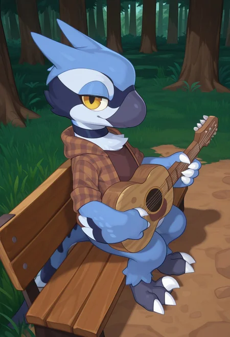 1boy, highres, absurdres, newest, masterpiece, best quality, furry, raptor, scales, tail, claws, Harley, male, raptor legs, blue skin, yellow eyes, 3 fingers, 3 toes, feathered, brown plaid hoodie, dark brown shirt, standing, seductive look, detailed eyes, bright room, day scene, professional lighting, solo, seductive, looking_at_viewer, masterpiece, close up, explicit, sits in
bench, guitar, guitar in hands, forest, evening