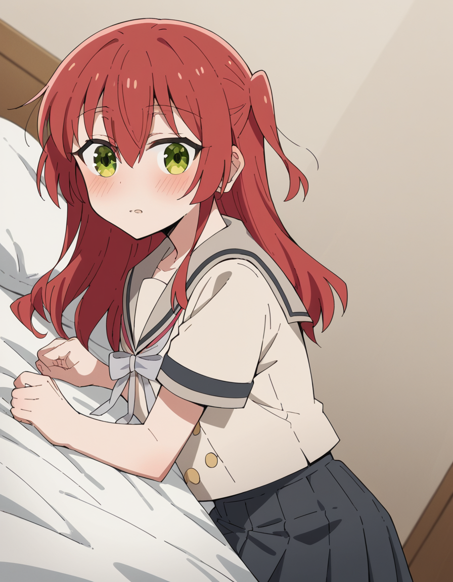 score_9, score_8_up, score_7_up, source_anime,
kitaikuyo, <lora:ikuyo-kita-s1-ponyxl-lora-nochekaiser:1>,
ikuyo kita, green eyes, hair between eyes, long hair, one side up, red hair,
black skirt, grey sailor collar, pleated skirt, sailor collar, school uniform, short sleeves, shuka high school uniform, skirt,
indoors, bed, bed room, on side, blush, drunk,
cowboy shot, solo, dutch angle, looking at viewer,