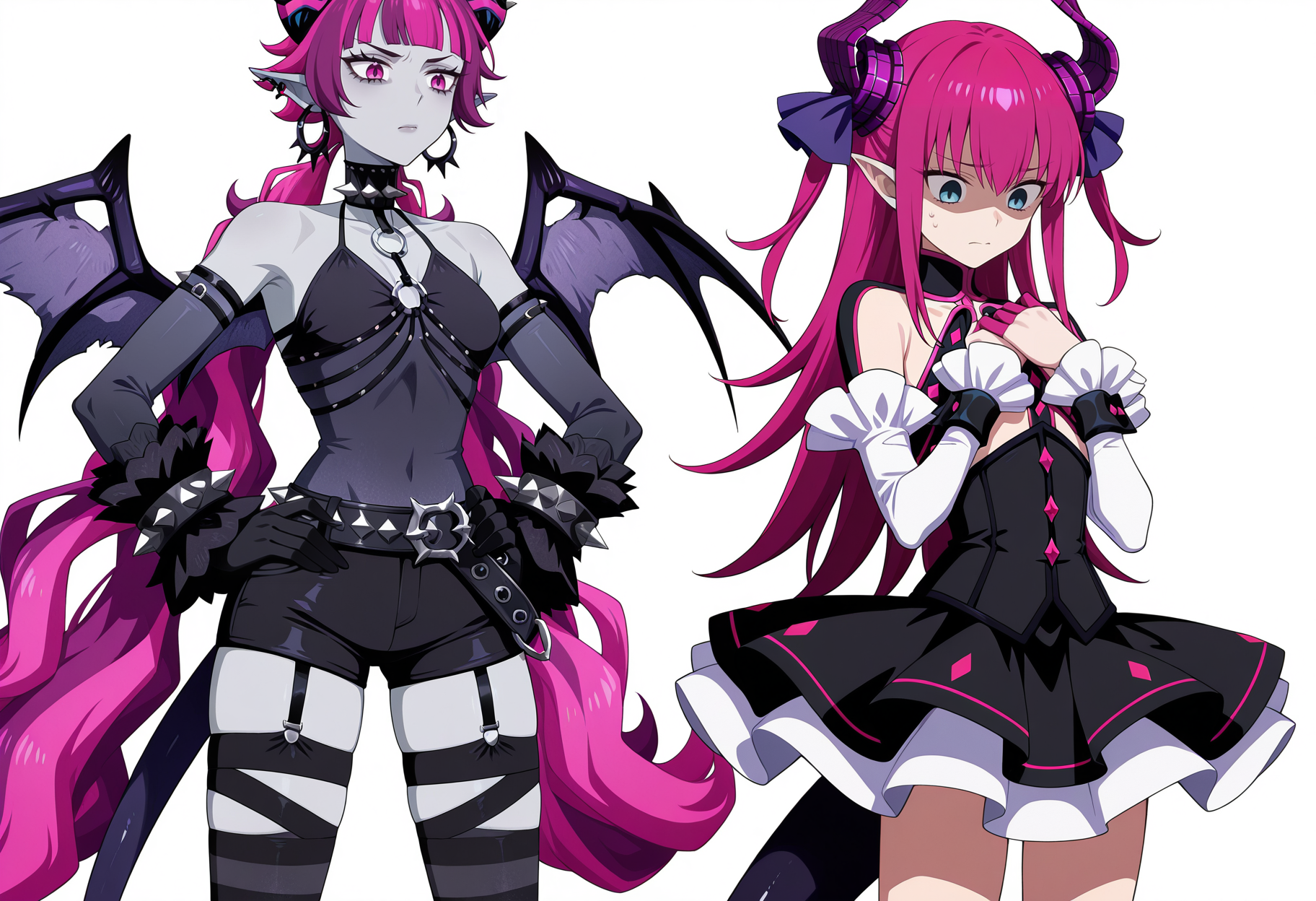 2girls, simple background, white background, anime screenshot, anime screencap, 1girl, monster girl, colored skin, grey skin, multicolored hair, pink hair, very long hair, low twintails, pink eyes, pointy ears, spikes, horns, demon wings, tail, hoop earring, spiked collar, o-ring, detached sleeves, arm warmers, spiked bracelets, shorts, belt, thighhighs, garter straps, upper body, hands in own hip, confused <lora:Kulu_AFK:1> height difference, 
BREAK
2girls, simple background, white background, anime screenshot, anime screencap, 1girl, elizabeth bathory \(fate\), hands on own chest, flat chest, looking down, shaded face, short dress, masterpiece, best quality, amazing quality, very aesthetic, absurdres, highres, newest