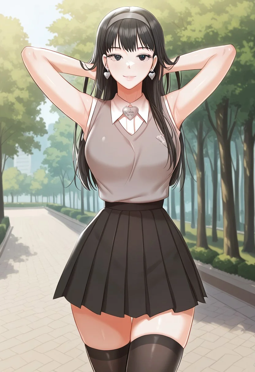 score_9, score_8_up, score_7_up, score_6_up, source_anime, BREAK, 1girl, solo, (( <lora:yoo_jenny:1> , yoo_jenny, beautiful black eyes, clear eyes, bright pupils, beautiful eyes, beautiful black hair, beautiful long hair, bangs, big and shaggy breasts, thin waist, normal hips, beautiful skin, natural beauty, extraordinary beautiful woman, attractive woman, super sexy woman, lustful body, sexy woman with seductive obscene body, sensual body, voluptuous body, sexy beauty, makeup, )) , ((formal, long white shirt, grey sleeveless vest, white heart-shape earrings, big grey heart-shape pendant, grey hair band, black pleated skirt, black thighhighs, )) , looking at viewer, uncensored, sexy pose, beautiful smile, outdoor, park, looking at viewer, horny, seductive, cute pose, cowboy shot, front view, hands behind head, closed mouth,
