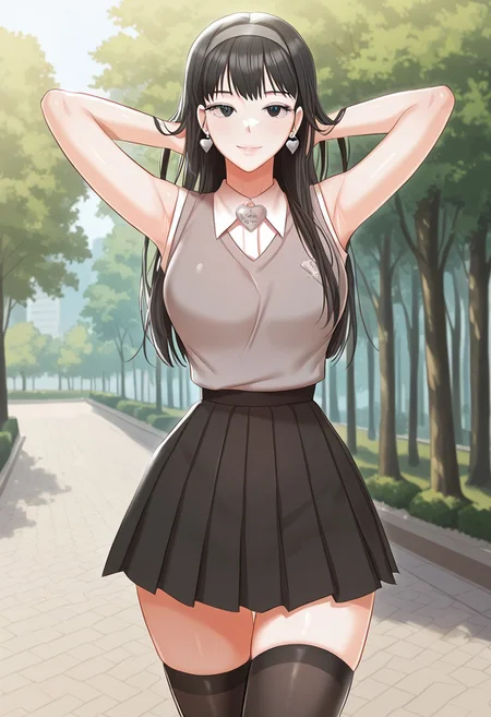 score_9, score_8_up, score_7_up, score_6_up, source_anime, BREAK, 1girl, solo, (( <lora:yoo_jenny:1> , yoo_jenny, beautiful black eyes, clear eyes, bright pupils, beautiful eyes, beautiful black hair, beautiful long hair, bangs, big and shaggy breasts, thin waist, normal hips, beautiful skin, natural beauty, extraordinary beautiful woman, attractive woman, super sexy woman, lustful body, sexy woman with seductive obscene body, sensual body, voluptuous body, sexy beauty, makeup, )) , ((formal, long white shirt, grey sleeveless vest, white heart-shape earrings, big grey heart-shape pendant, grey hair band, black pleated skirt, black thighhighs, )) , looking at viewer, uncensored, sexy pose, beautiful smile, outdoor, park, looking at viewer, horny, seductive, cute pose, cowboy shot, front view, hands behind head, closed mouth,