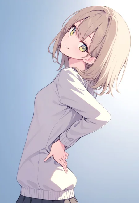 girl, (hands on own back),
from side, looking at viewer, smile