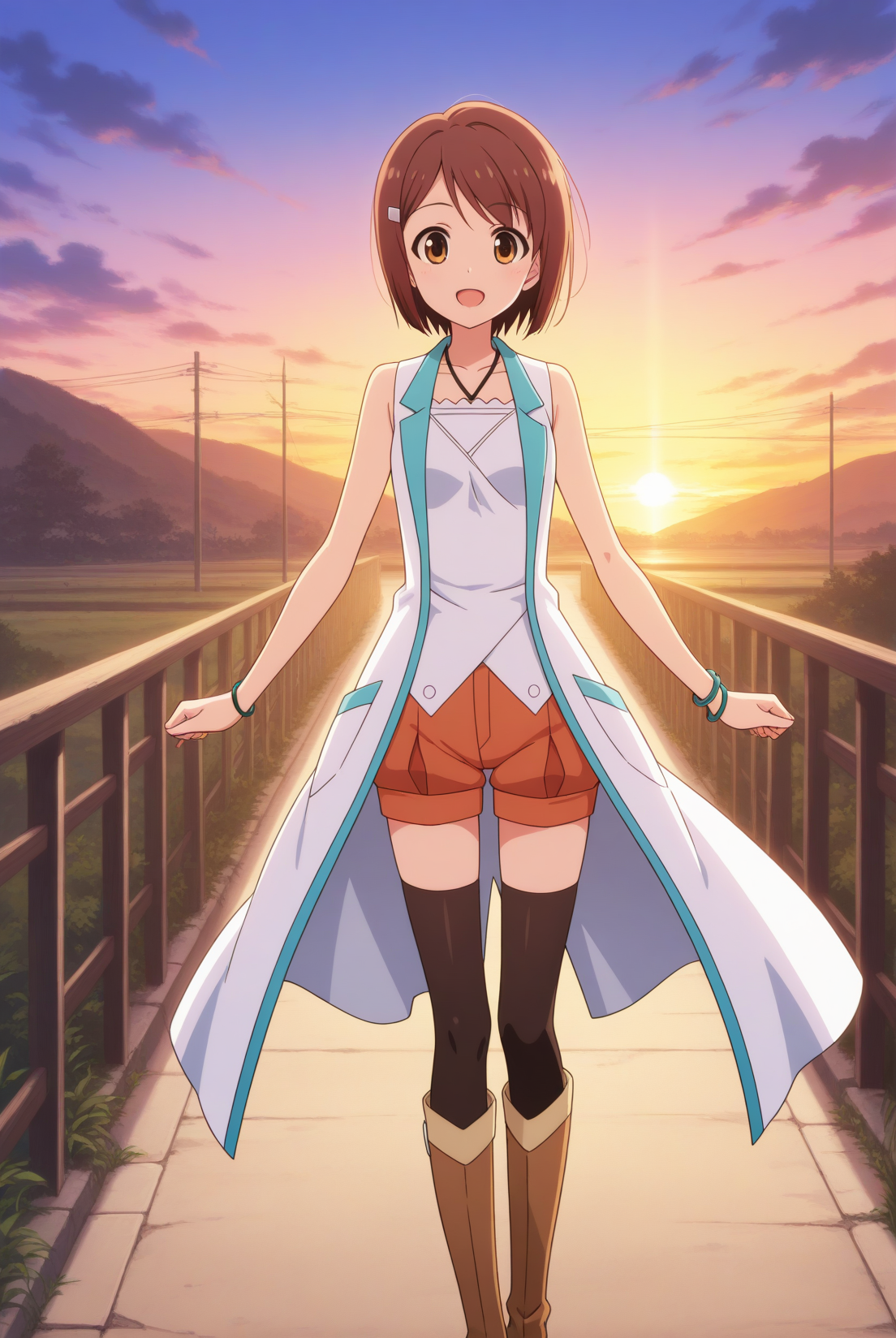 (sleeveless coat white shirt orange shorts black thighhighs brown knee boots:1.50), 
pc-you, brown hair, brown eyes, hairclip, bracelet, 
medium breasts, 1girl, solo, skinny,
(masterpiece, best quality, absurdres, high quality, highres, anime, anime style), 
BREAK,
(excited:1.10),
BREAK,
(sunset outdoors:1.30),
BREAK,
(straight-on:1.60),
BREAK,
(feet:0.80), 
<lora:mt-you-V01-illXL-000001:0.90>
