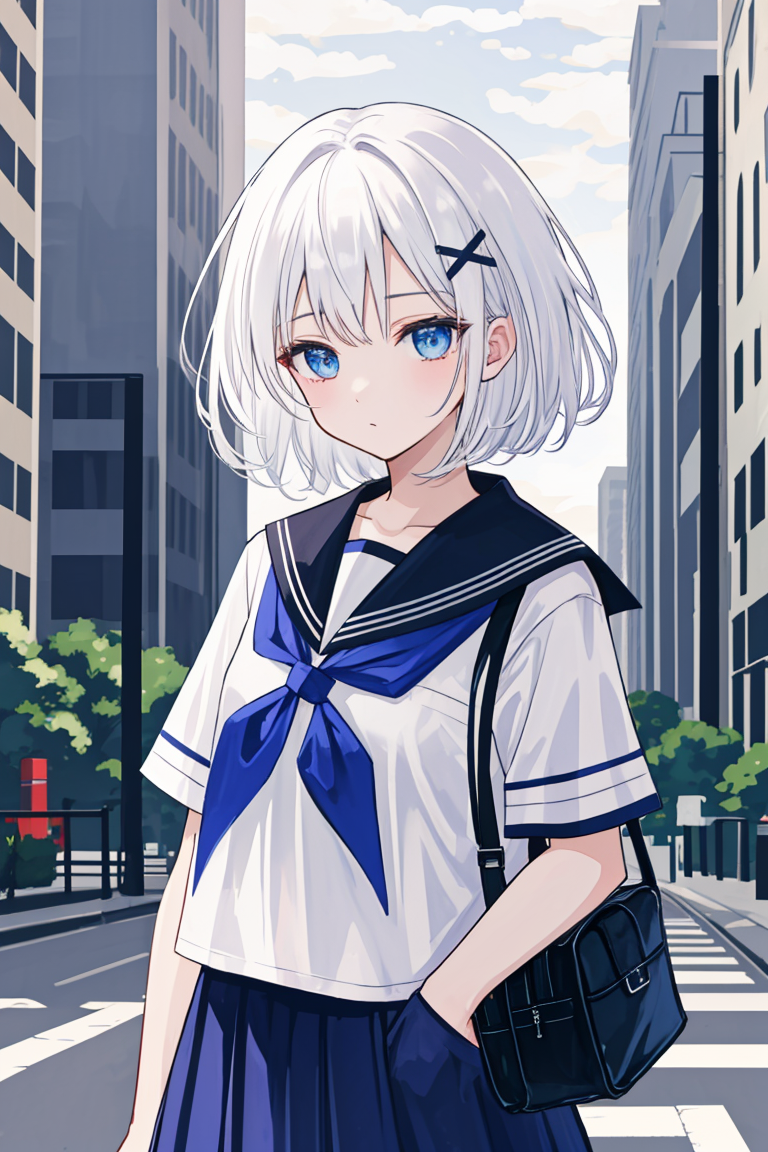 1girl, short hair, (white hair:1.2), x hair ornament, blue eyes, 
outdoors, detailed background, city, 
neckerchief, 
serafuku, 
 <lora:SiestaV1.0-000001:1> siesta diad,, <lora:LCM_LoRA_Weights_SD15:1>