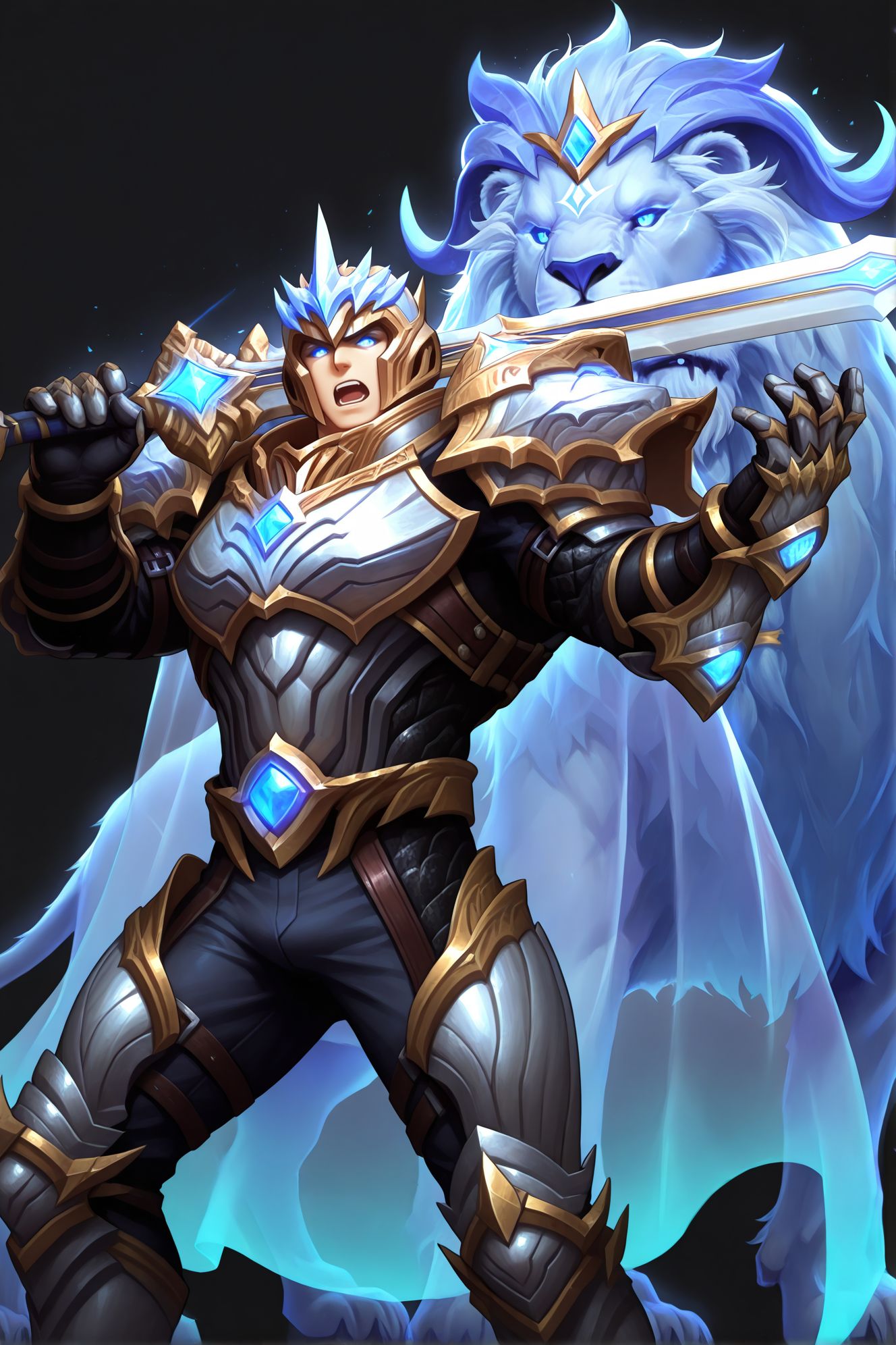 1boy,blue eyes,glowing eyes,muscular male,mature male,bara,upper body BREAK
(masterpiece, best quality, high quality, absurdres, high detail),(1boy,solo,mature male) BREAK
holding sword,dynamic pose,knee up,hand up,open mouth,black background,blue light,
animal,blue lion,transparent lion,lion in background,
god-king_garen,god-king armor,god-king helmet,shoulder armor,gauntlets,transparent cape,armor,cape,helmet,
<lora:hand 5.5:1>,<lora:add-detail-xl:1>,<lora:4k:1>,<lora:god-king__garen:0.8>,<lora:sn0w:1>,, <lora:Expressive:0.8>,